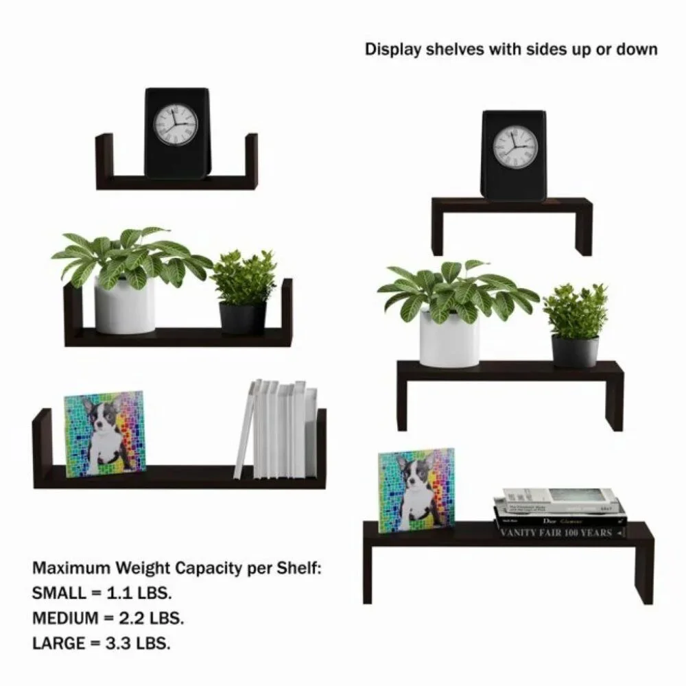 NEW - Set Of 3 Brown U-Shaped Floating Shelves